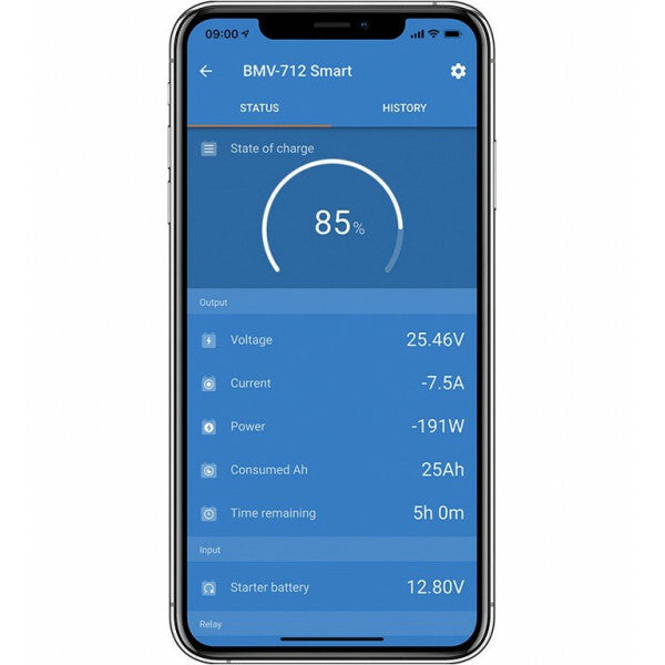 De BMV-712 accumonitor zwart Smart meet met zeer hoge precisie binnen een voedingsspanningsbereik van 6,5 - 70 VDC.